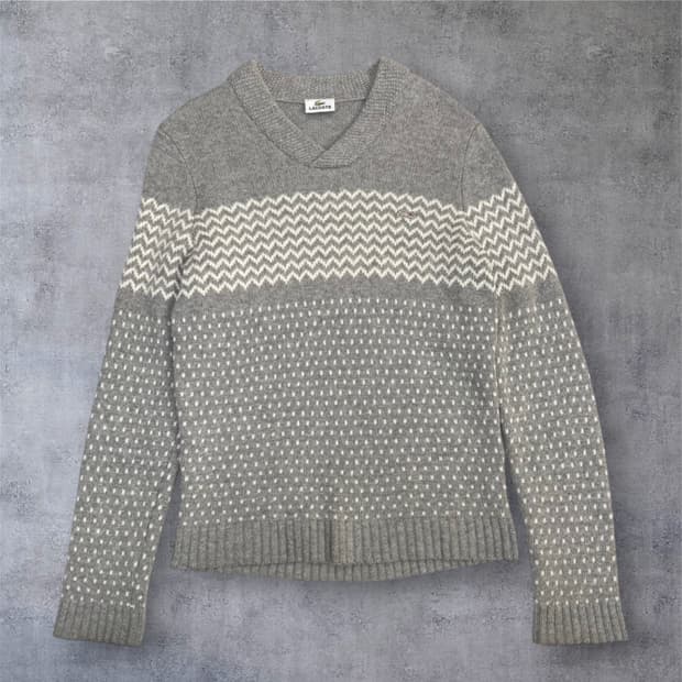 라코스테 라이트그레이 패턴 브이넥 캐시미어 혼방 니트 3 (95)