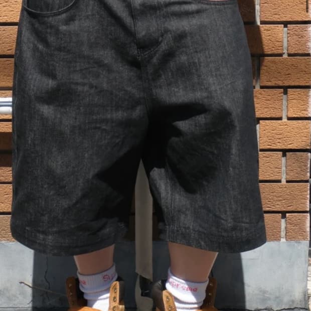 BELVET 스타로고 데님 쇼츠 블랙 L