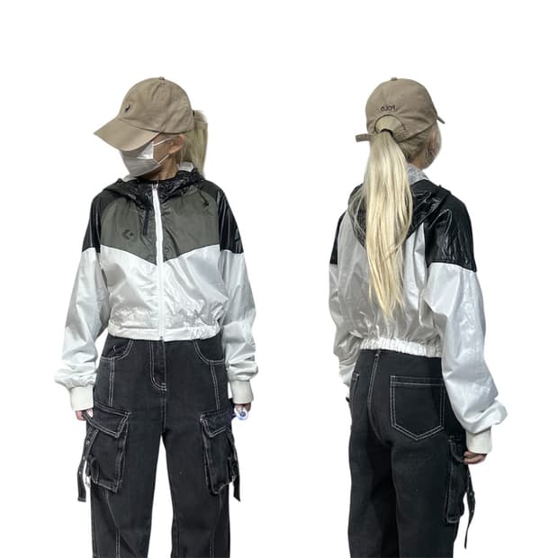 컨버스 화이트 블랙 크롭 후드 바람막이 트랙 자켓 105