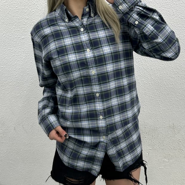 폴로 랄프로렌 네이비포니 타탄 네이비체크 린넨셔츠 S