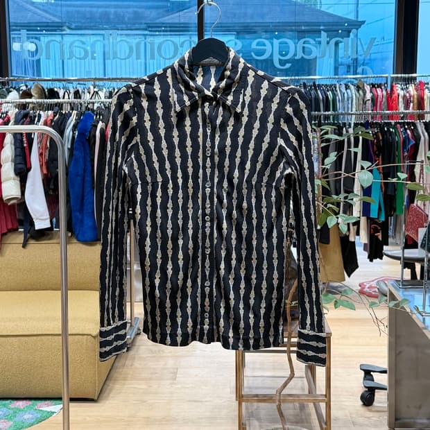 셀린느 블랙 체인 스트라이프 실크 셔츠 