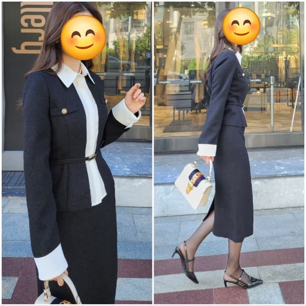 듀엘 블라우스 블록 벨티드 트위드자켓 55사이즈