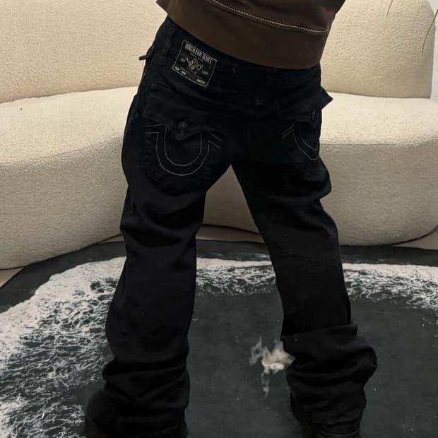 90s TRUERELIGION 블랙 스티치 코튼 스트레이트팬츠