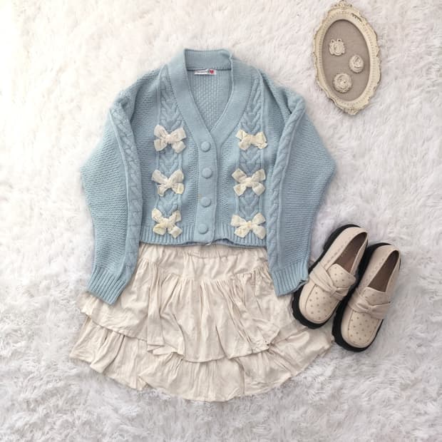 일본빈티지 페일블루 리본 가디건