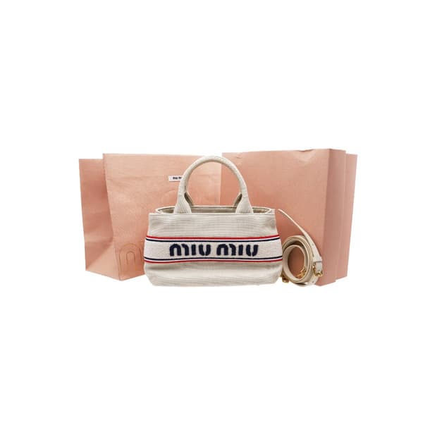 [A급] 미우미우 자수 로고 캔버스 토트백 판매합니다!!!