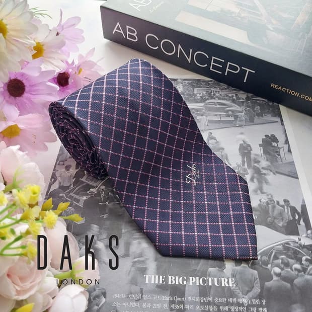 DAKS 닥스 실크 퍼플 체크 로고 넥타이 9.5cm A+등급 K3336