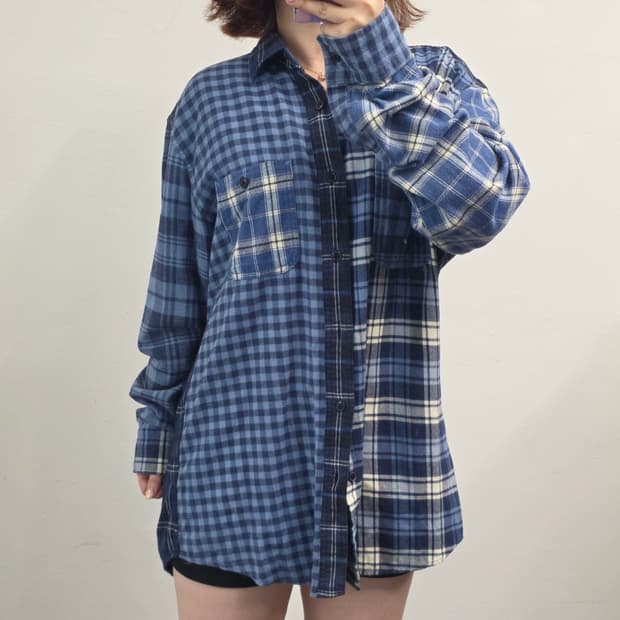 [프립]XL/유니클로 플라넬 패치워크 체크 셔츠 블루
