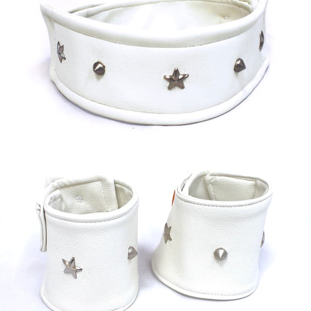 Thick leather neon stud choker+hand cuff