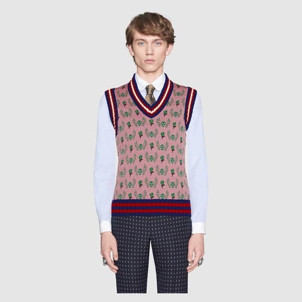 구찌 GUCCI SKULL AND FLOWER JACQUARD WOOL 