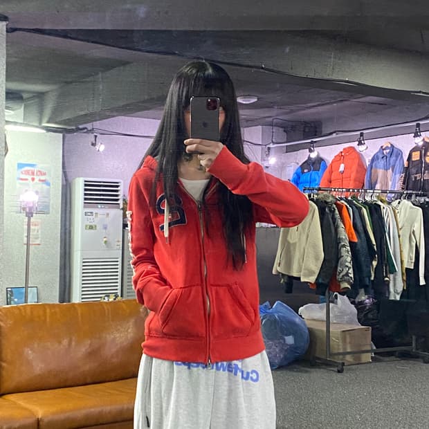 아베크롬비 사이드 스펠로고 y2k 레드 후드집업 B4291