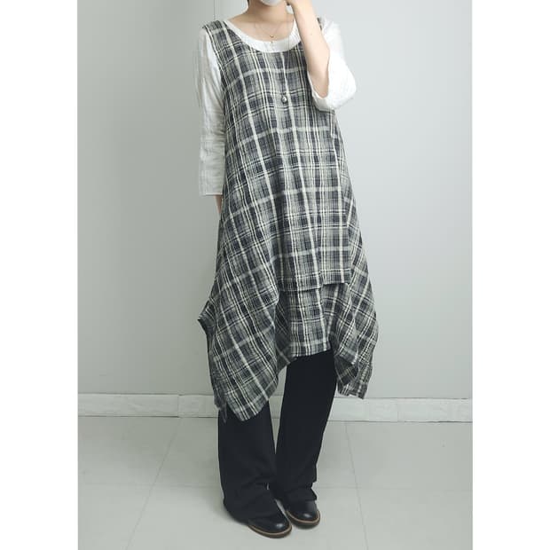 체크 언발 롱 블라우스