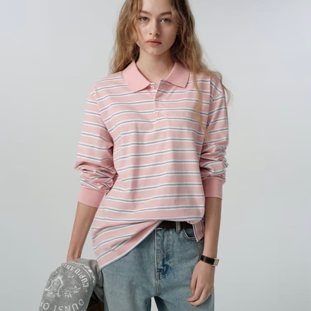 던스트 카라티셔츠 스트라이프 핑크