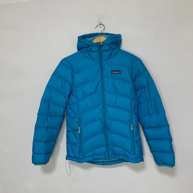 파타고니아 빈티지 여성용 스카이블루 경량 후드 패딩 점퍼 XS