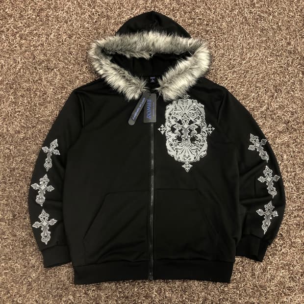 롬위 블랙 퍼 후드 크로스 집업 새상품