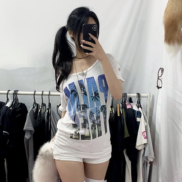 [GGPX] 갸루 하와이 큐빅 트임 반팔
