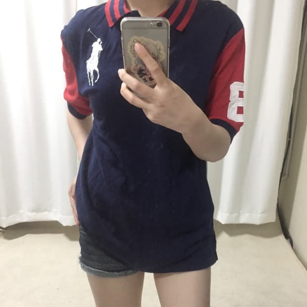 폴로 랄프로렌 성조기 백로고 네이비 레드 배색 빅포니 카라 반팔