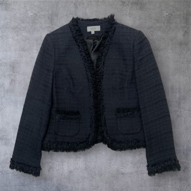 막스앤스펜서 M&S 딥네이비 노카라 프릴 트위드 자켓 12