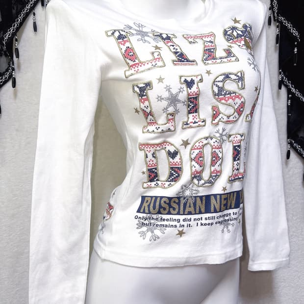 리즈리사돌 헤이세이 갸루 키치 펑크 핀터 레터링 글리터 핀터 긴팔탑