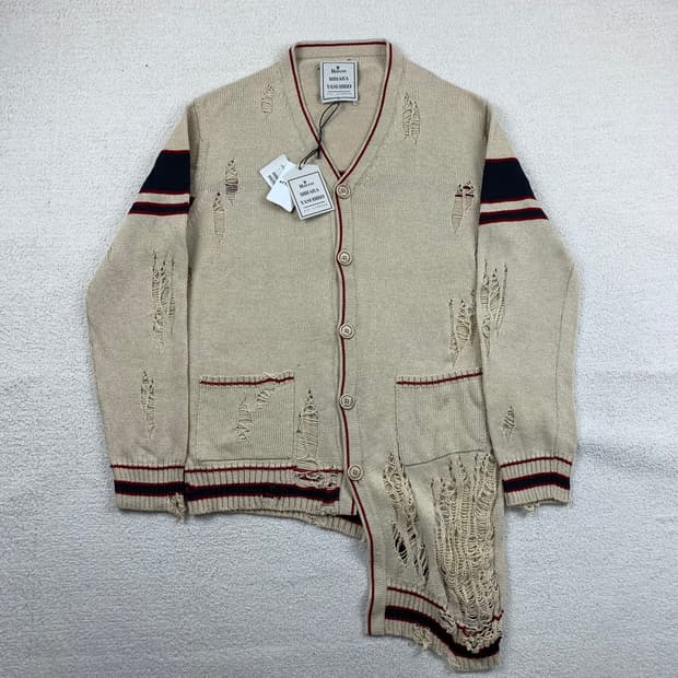 메종 미하라 야스히로 비대칭 크러쉬 니트 가디건 베이지