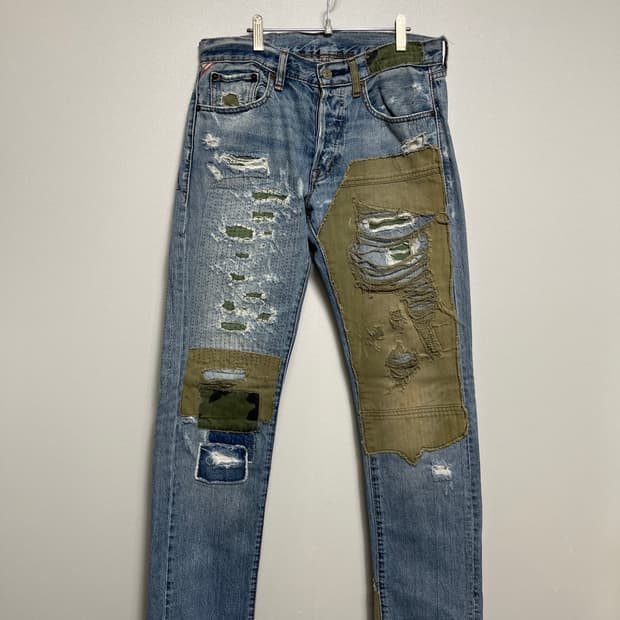 데님앤서플라이 데미지 워싱 패치워크 청바지