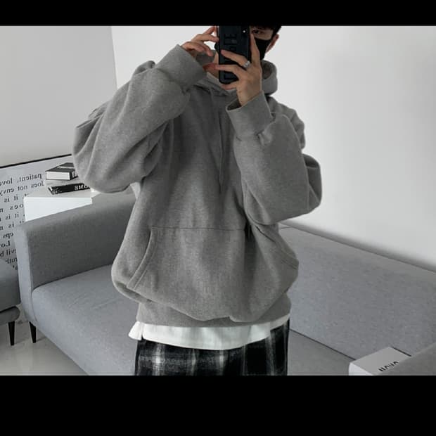 Free / 그레이 ) 데일리 오버핏 기모 후드티셔츠