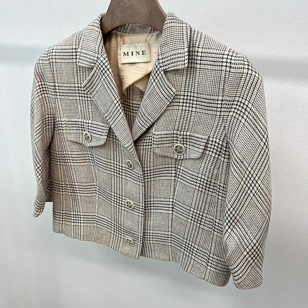 여) 마인 체크 린넨 크롭자켓