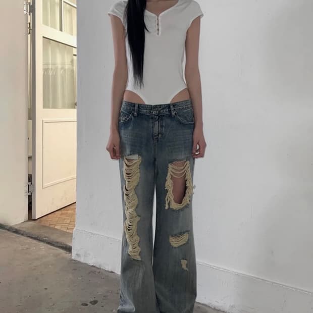 이네기 Aged Distressed Denim Pants (blue) M