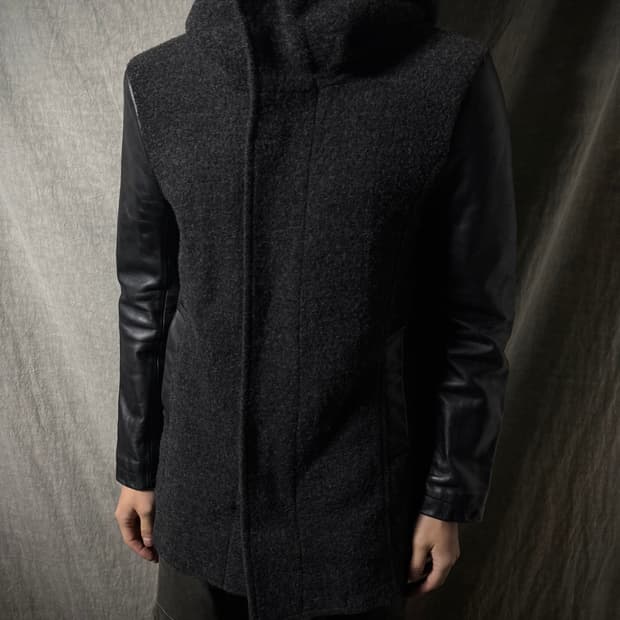NO ID Hybrid Arm Leather Hooded Coat 