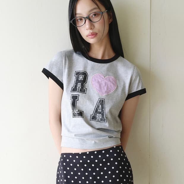 로라로라 아이러브패치워크 링거 티셔츠 그레이