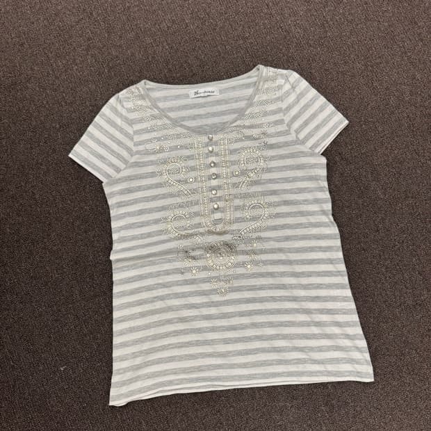 OS)Soobinie 빈티지 패턴 스트라이프 여성 반팔