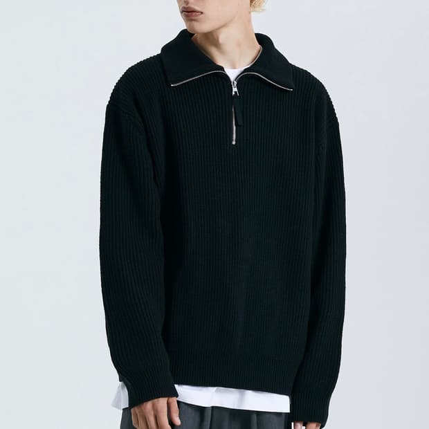 티엔지티 블랙 세미오버핏 하프 집업 니트