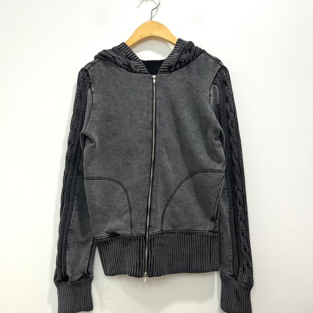 일본 빈티지 차콜 피그먼트 꽈배기 니트 후드집업 