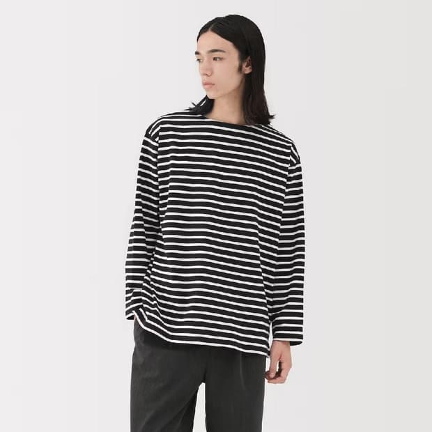 무인양품 muji 보트넥 9부 소매 티셔츠 블랙 스트라이프 XL 새상품