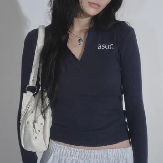 애즈온 아이비 카라 롱 슬리브 네이비