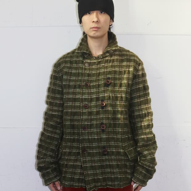 빈티지 우드 버튼 체크 울 자켓