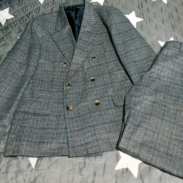 (디자이너 초판)마랑고니 클래식체크 더블버튼 피크트라펠 수트셋업  그레이