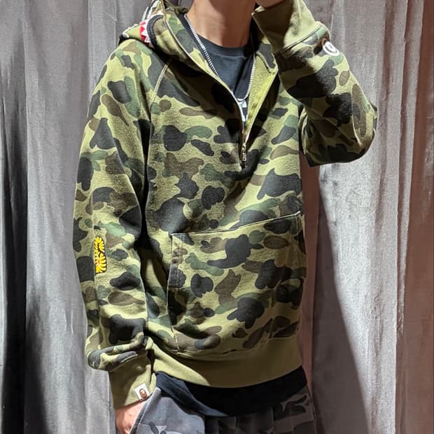 L BAPE 베이프 1st OG PONR 녹계 샤크 후드 아노락