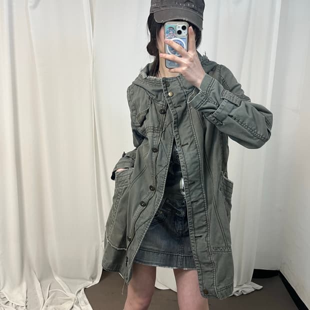 Smex 00‘s 카키 그런지 후드 야상