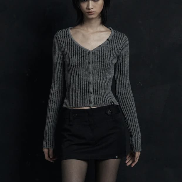 시너진 믹스드 컬러 니트 가디건 그레이