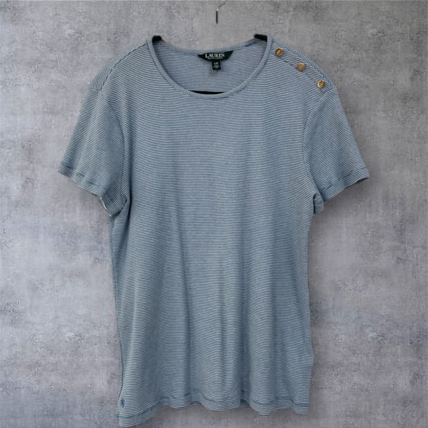 로렌 랄프로렌 스카이블루 스트라이프 골드버튼 반팔 티셔츠 L