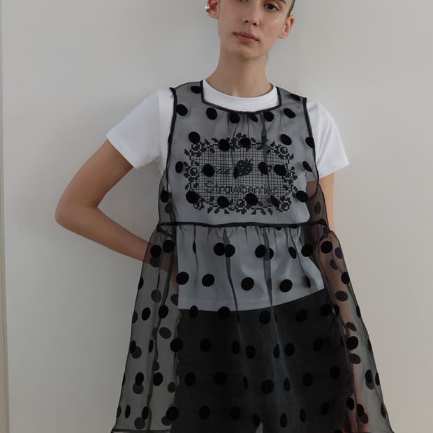 마조네 리본 디테일 블랙 도트 후로킹 시어 오간자 레이어드 미니 드레스