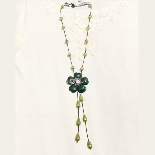 빈티지 그린 플라워 드롭 앤틱 롱목걸이 페어리 모리걸 하구미 오리엔탈