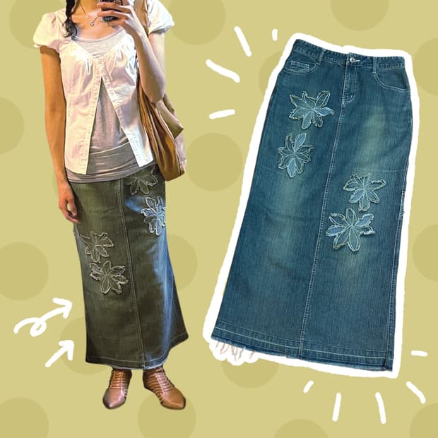 빈티지 플라워 장식 데님 롱스커트