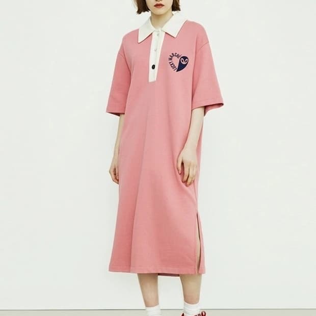 럭키마르쉐 핑크 코튼 카라 롱원피스