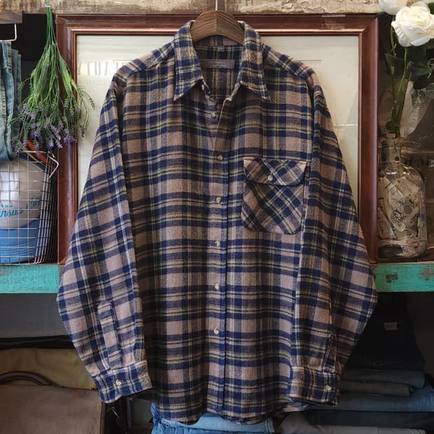 90s 아메리칸 빈티지 체크셔츠 헤비 플란넬 워크셔츠 블루 xl