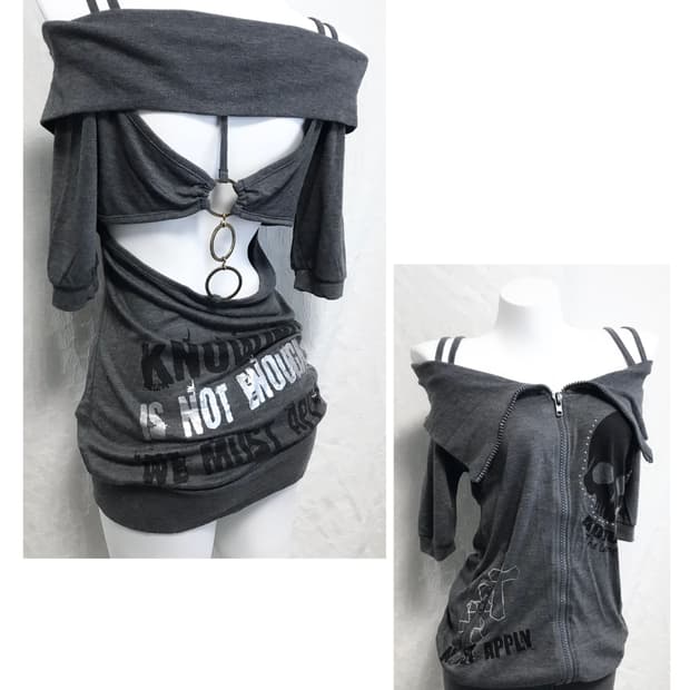 빈티지 갸루 펑크 해골 백 트임 오프숄더 반소매 탑