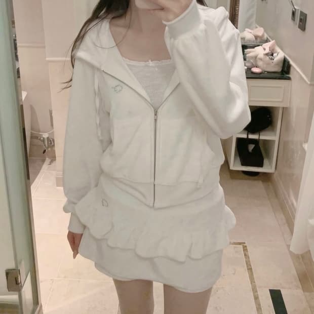 위스페어리 Blush Velour Hoodie Zip-Up 스커트 세트