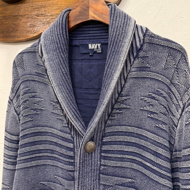 L) NAVY Cotton Shawl Collar Cardigan