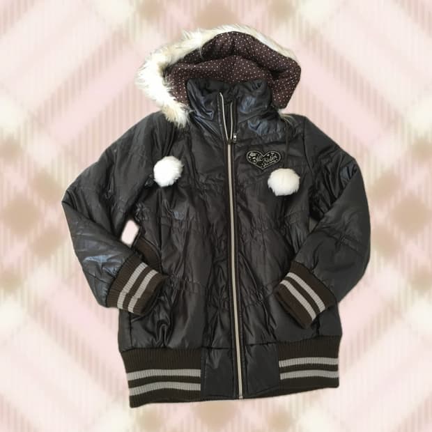 초코 브라운 땡땡이 폼폼이 퍼 패딩 라떼 히메 갸루 러블리 로걀 빈티지