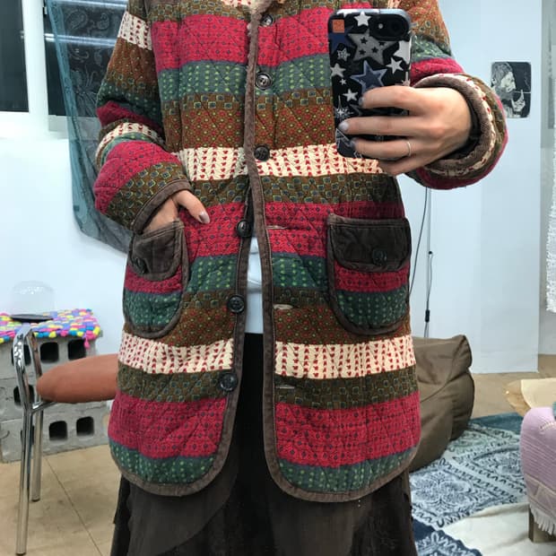 빈티지 패턴 양털 기모 엘보패치 롱 점퍼 